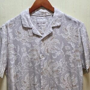 Porter & Ash Shirt Mens Medium Beige Floral Short Sleeve Linen Button Up Casual